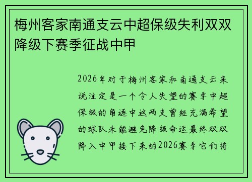 梅州客家南通支云中超保级失利双双降级下赛季征战中甲 梅州客家南通支云中超保级失利双双降级下赛季征战中甲